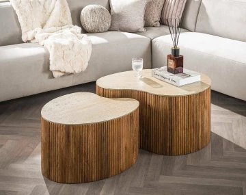 Lot de 2 tables basses gigognes effet travertin pieds en bois massif de manguier Jade