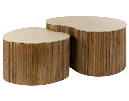 Lot de 2 tables basses gigognes effet travertin pieds en bois massif de manguier Jade