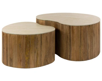 Lot de 2 tables basses gigognes effet travertin pieds en bois massif de manguier Jade