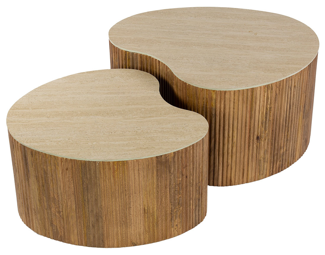 Lot de 2 tables basses gigognes effet travertin pieds en bois massif de manguier Jade