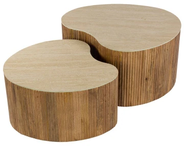 Lot de 2 tables basses gigognes effet travertin pieds en bois massif de manguier Jade