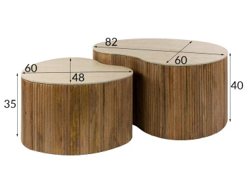 Lot de 2 tables basses gigognes effet travertin pieds en bois massif de manguier Jade