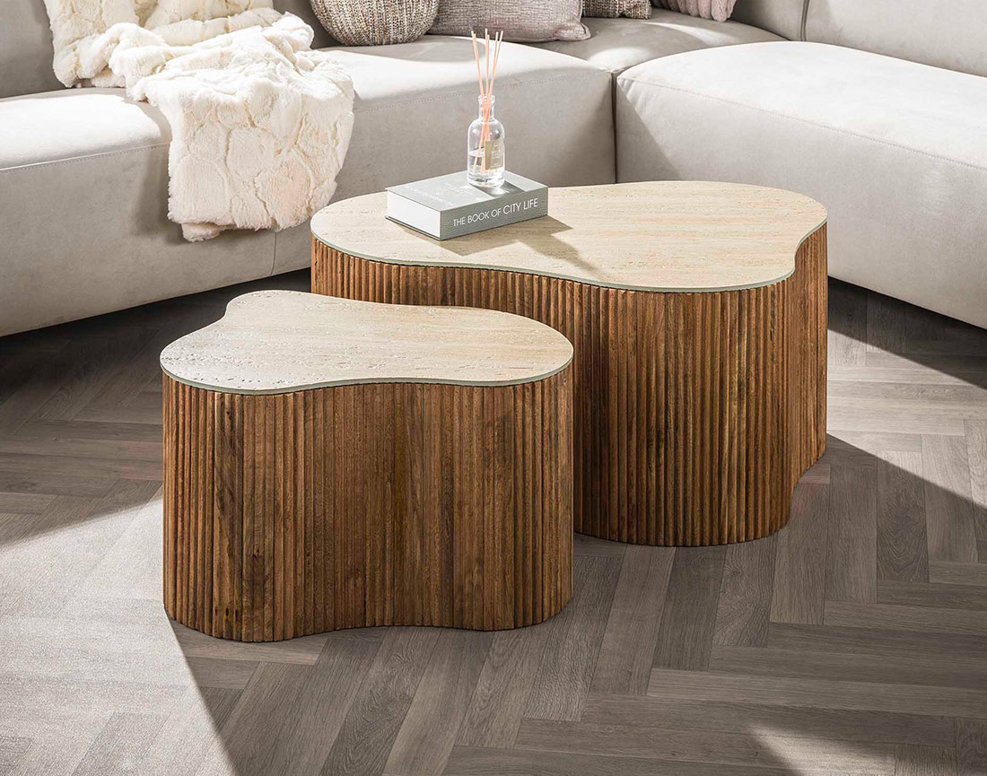 Lot de 2 tables basses gigognes effet travertin pieds en bois massif de manguier Jade