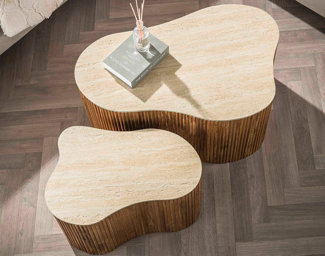 Lot de 2 tables basses gigognes effet travertin pieds en bois massif de manguier Jade