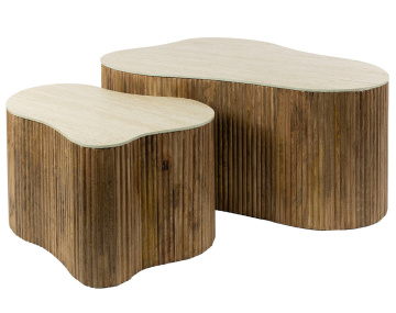 Lot de 2 tables basses gigognes effet travertin pieds en bois massif de manguier Jade