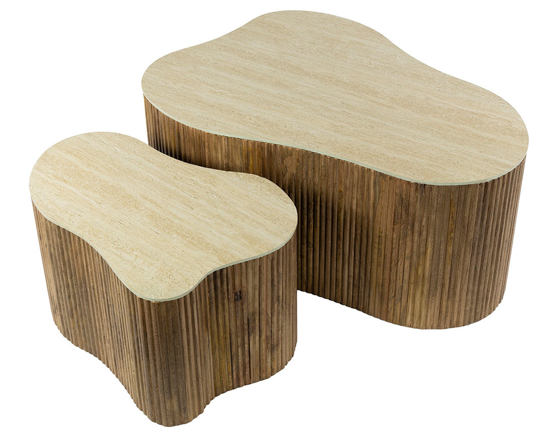 Lot de 2 tables basses gigognes effet travertin pieds en bois massif de manguier Jade