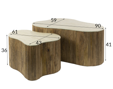 Lot de 2 tables basses gigognes effet travertin pieds en bois massif de manguier Jade