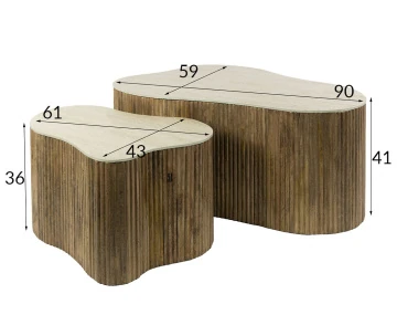 Lot de 2 tables basses gigognes effet travertin pieds en bois massif de manguier Jade