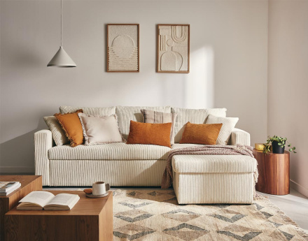 Canapé d'angle réversible 4 places convertible avec coffre en velours côtelé Cyrus