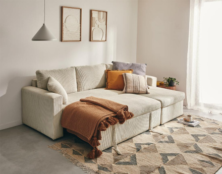 Canapé d'angle réversible 4 places convertible avec coffre en velours côtelé Cyrus