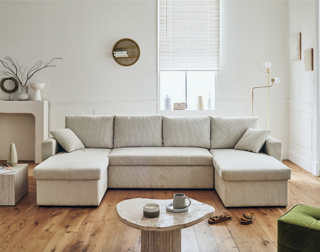 Canapé panoramique en U 7 places convertible avec coffre en velours côtelé Cyrus Canapé panoramique en U 7 places convertible avec coffre en velours côtelé Cyrus