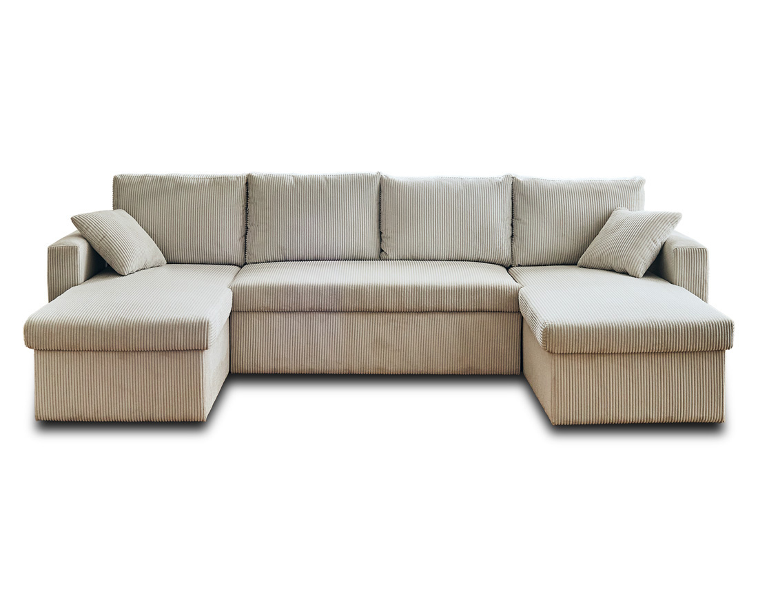 Canapé panoramique en U 7 places convertible avec coffre en velours côtelé Cyrus Canapé panoramique en U 7 places convertible avec coffre en velours côtelé Cyrus