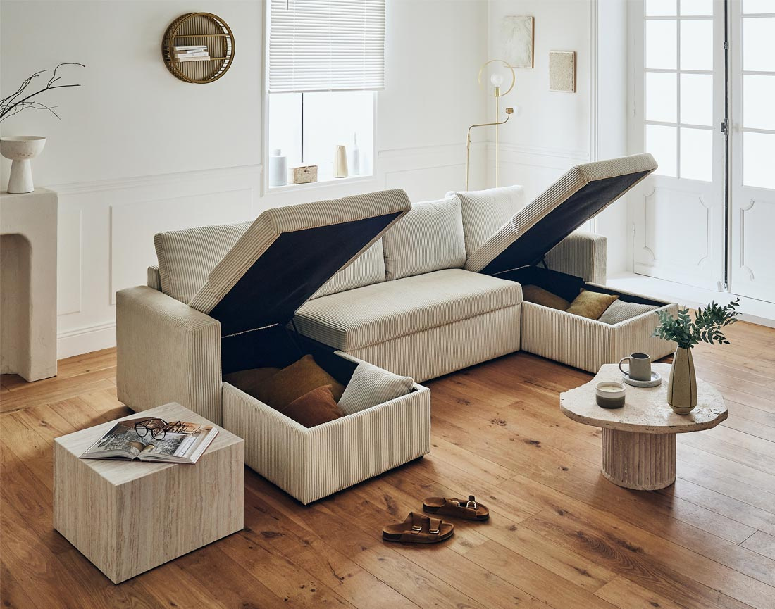 Canapé panoramique en U 7 places convertible avec coffre en velours côtelé Cyrus Canapé panoramique en U 7 places convertible avec coffre en velours côtelé Cyrus