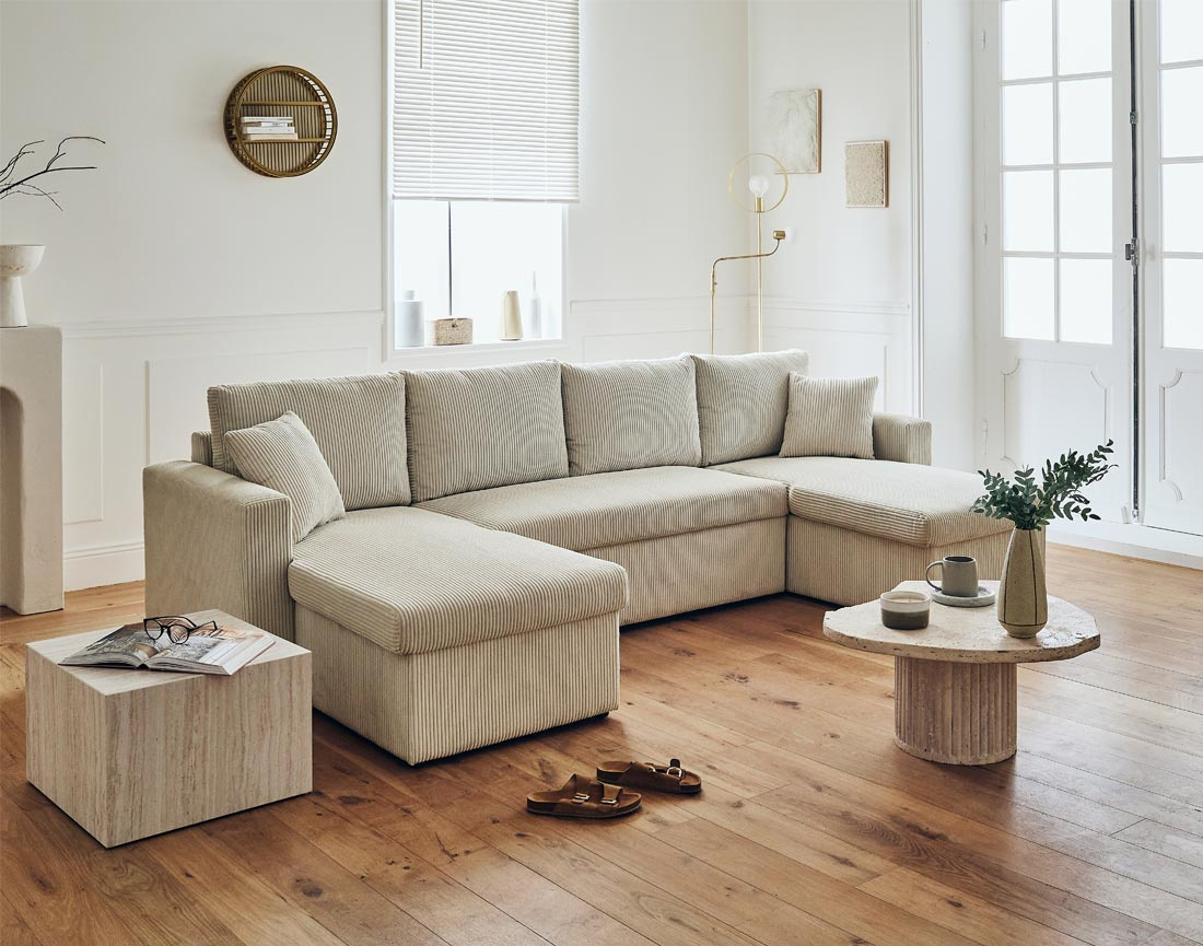 Canapé panoramique en U 7 places convertible avec coffre en velours côtelé Cyrus Canapé panoramique en U 7 places convertible avec coffre en velours côtelé Cyrus