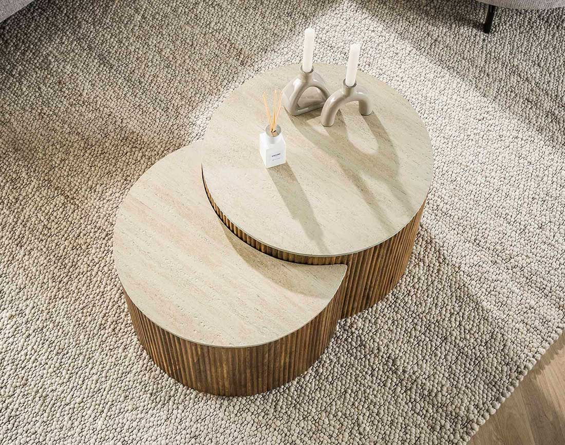 Lot de 2 tables basses gigognes effet travertin pieds en bois massif de manguier Jade