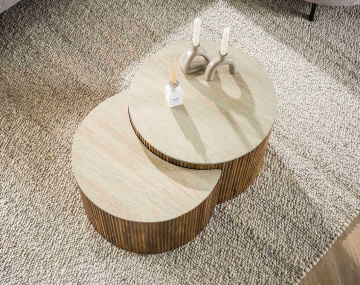 Lot de 2 tables basses gigognes effet travertin pieds en bois massif de manguier Jade