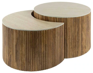 Lot de 2 tables basses gigognes effet travertin pieds en bois massif de manguier Jade