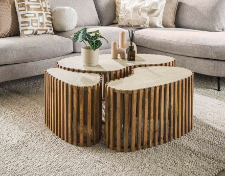 Lot de 3 tables basses gigognes effet travertin pieds en bois massif de manguier Jade