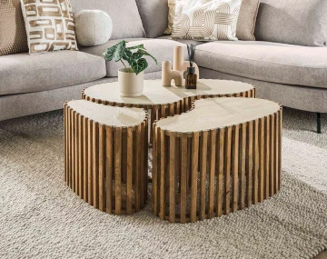 Lot de 3 tables basses gigognes effet travertin pieds en bois massif de manguier Jade