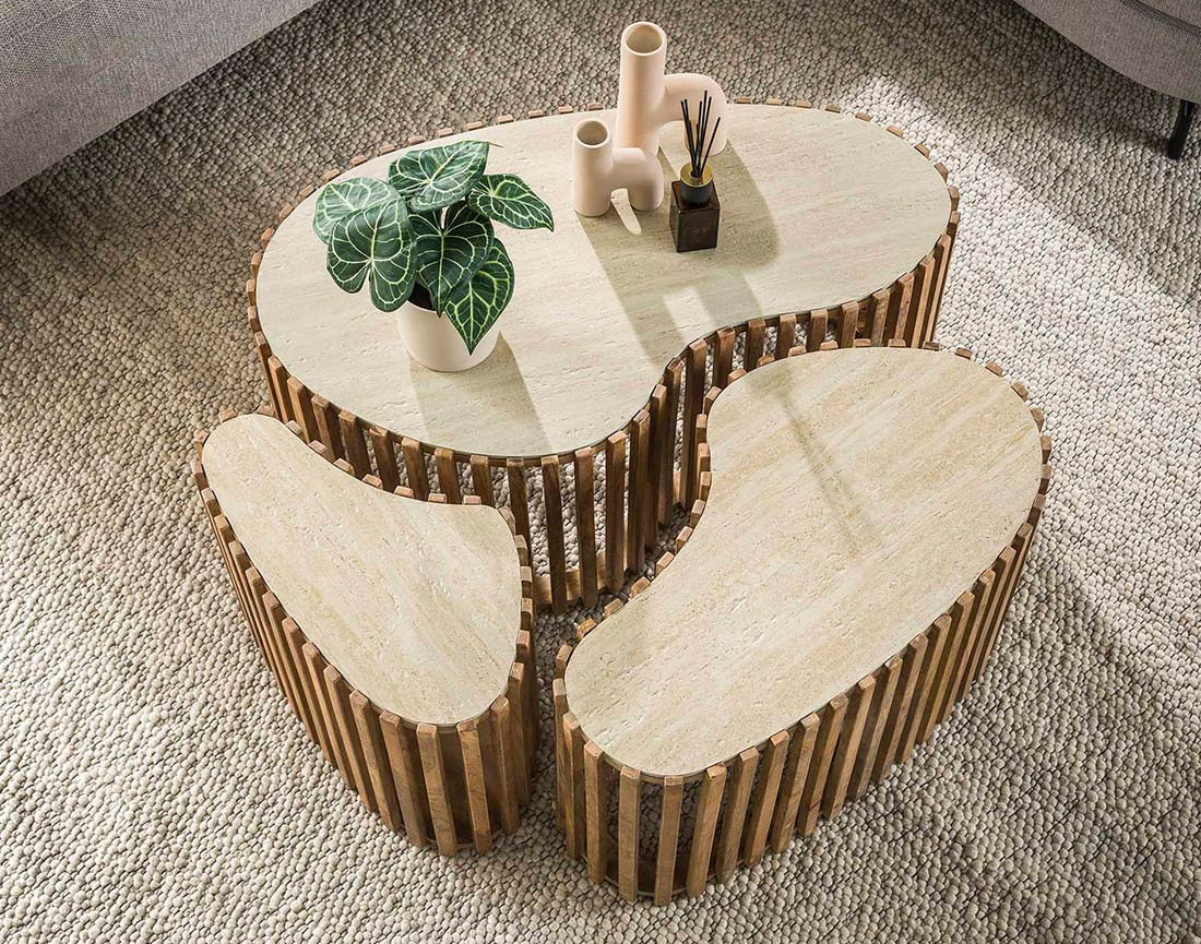 Lot de 3 tables basses gigognes effet travertin pieds en bois massif de manguier Jade