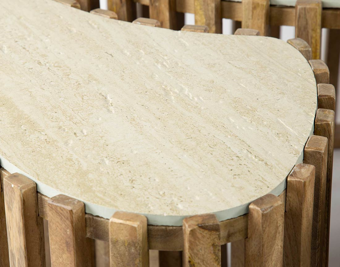 Lot de 3 tables basses gigognes effet travertin pieds en bois massif de manguier Jade