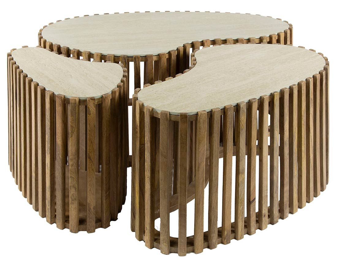 Lot de 3 tables basses gigognes effet travertin pieds en bois massif de manguier Jade