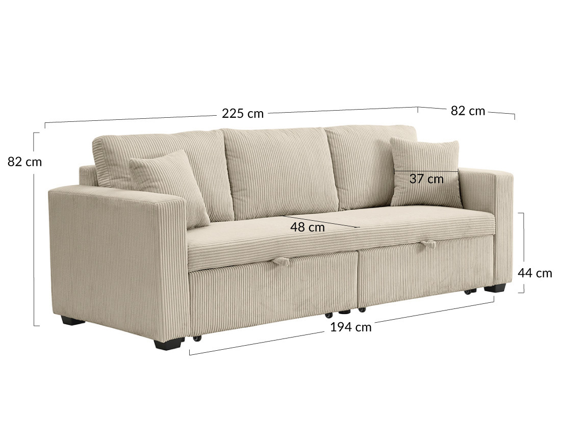 Canapé droit 3 places convertible en velours côtelé Cyrus
