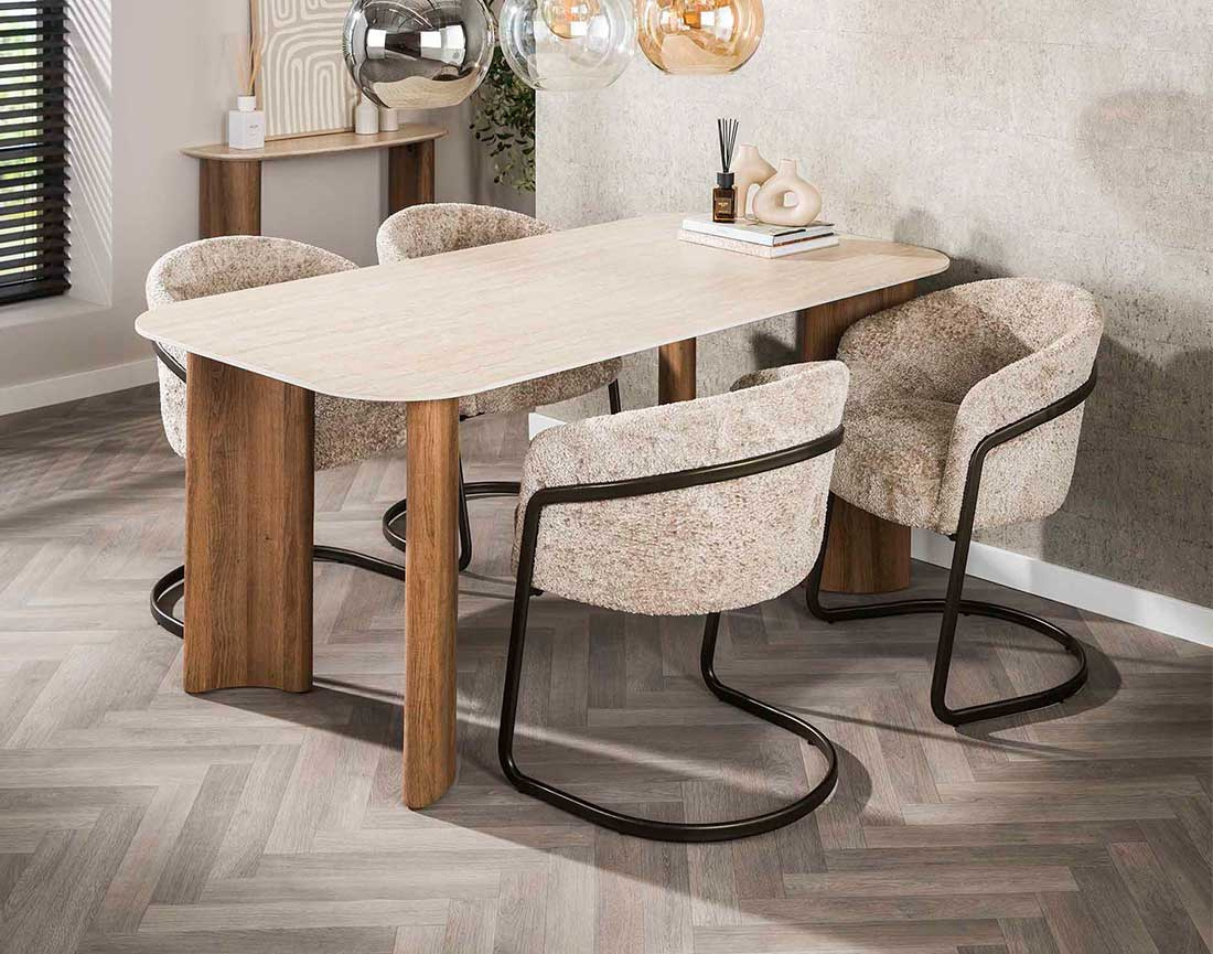 Table à manger plateau en céramique effet travertin 4 à 6 personnes Mohea