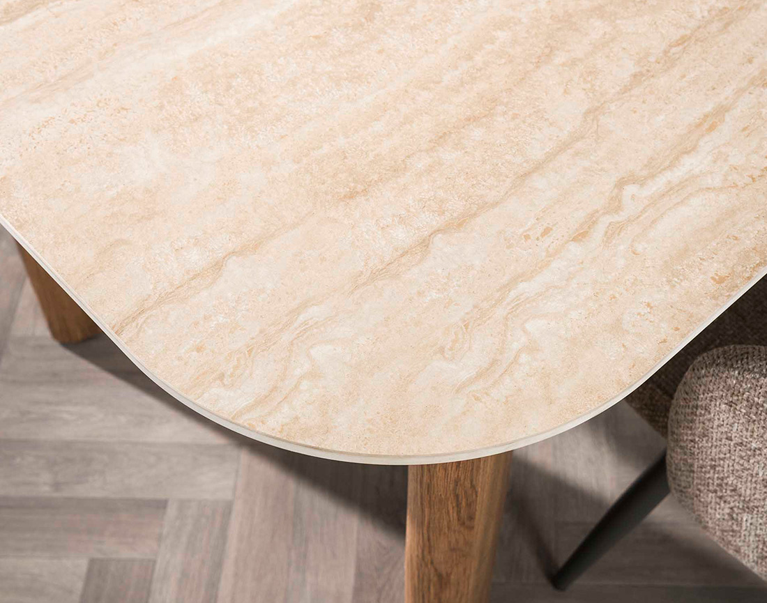 Table à manger plateau en céramique effet travertin 4 à 6 personnes Mohea