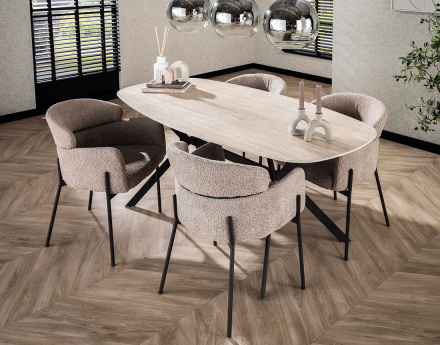 Table à manger plateau en céramique effet travertin pieds en acier 4 à 6 personnes Ruben