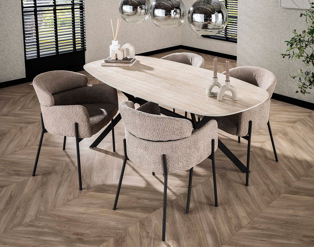 Table à manger plateau en céramique effet travertin pieds en acier 4 à 6 personnes Ruben