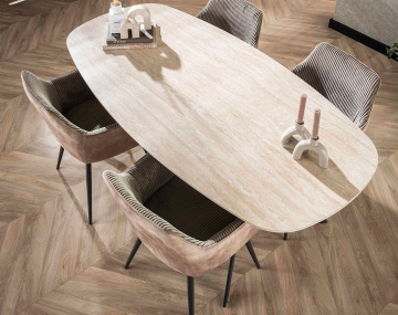Table à manger plateau en céramique effet travertin pieds en acier 4 à 6 personnes Ruben