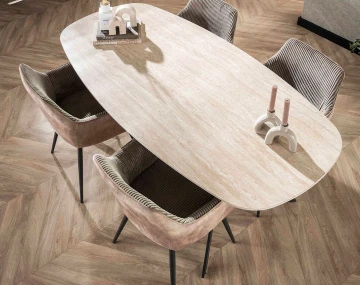 Table à manger plateau en céramique effet travertin pieds en acier 4 à 6 personnes Ruben
