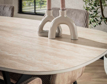 Table à manger plateau en céramique effet travertin pieds en acier 4 à 6 personnes Ruben