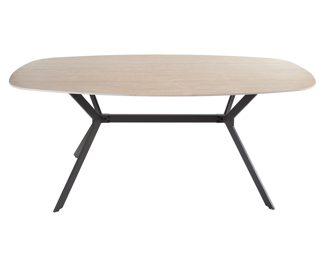 Table à manger plateau en céramique effet travertin pieds en acier 4 à 6 personnes Ruben