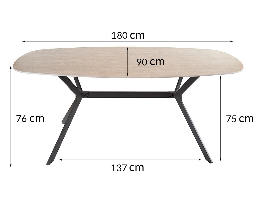 Table à manger plateau en céramique effet travertin pieds en acier 4 à 6 personnes Ruben