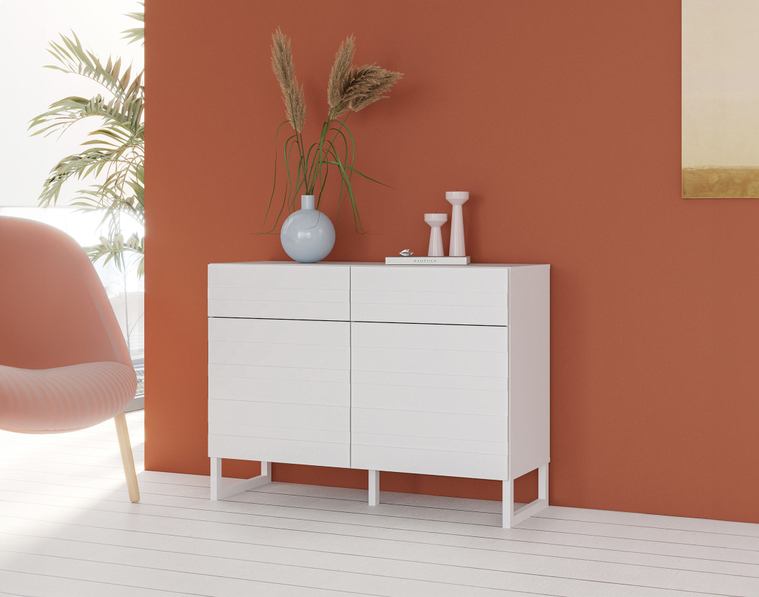 Buffet bas blanc 2 portes et 2 tiroirs 110 cm Sofia