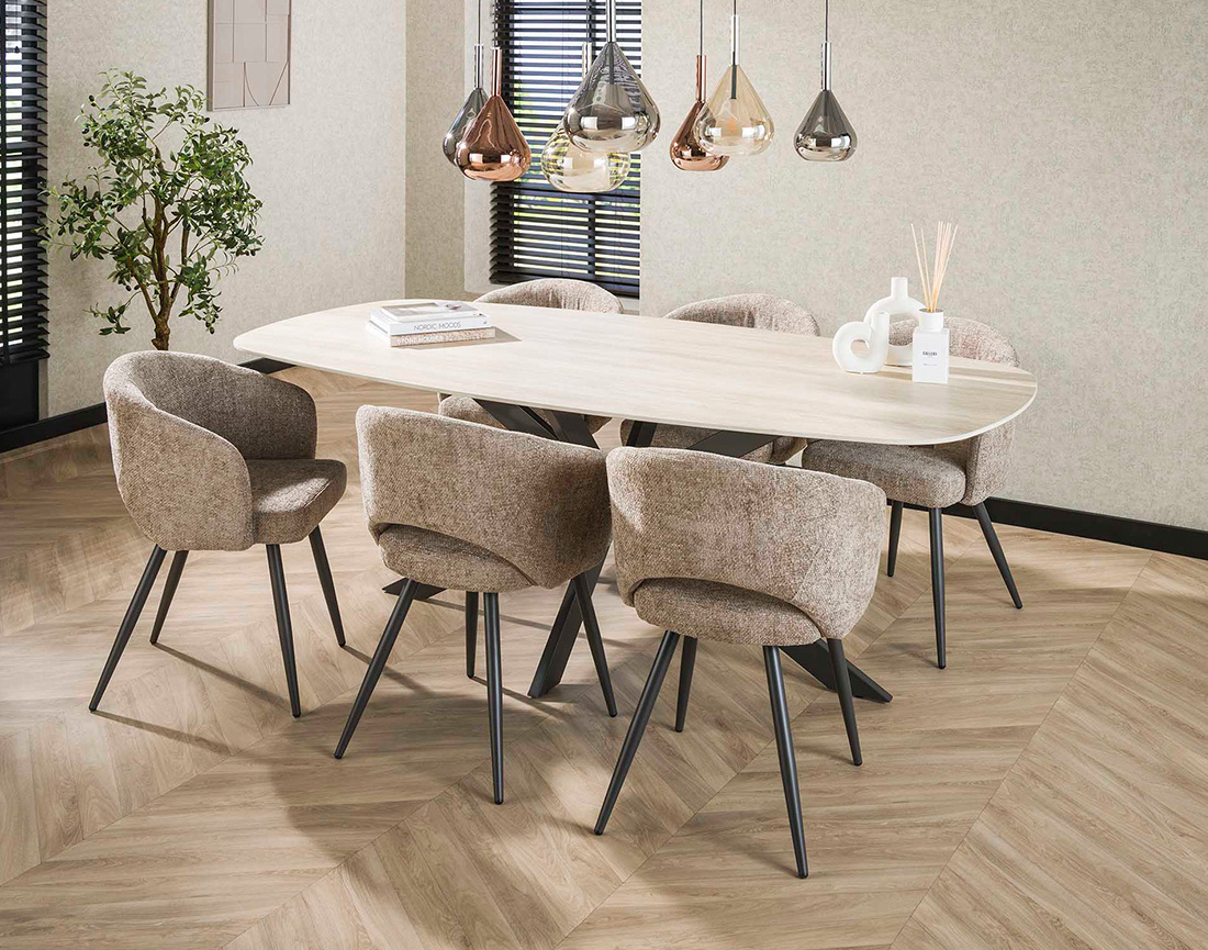 Table à manger plateau en céramique 3D effet travertin pieds en acier 6 à 8 personnes Ruben