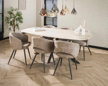Table à manger plateau en céramique 3D effet travertin pieds en acier 6 à 8 personnes Ruben