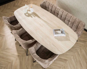 Table à manger plateau en céramique 3D effet travertin pieds en acier 6 à 8 personnes Ruben