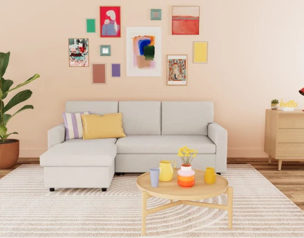 Canapé d’angle 4 places en tissu convertible avec coffre Meiya