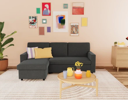 Canapé d’angle 4 places en tissu convertible avec coffre Meiya