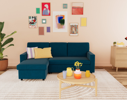 Canapé d’angle 4 places en tissu convertible avec coffre Meiya