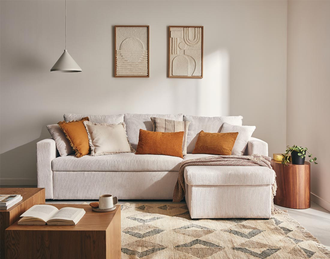 Canapé d'angle réversible 4 places convertible avec coffre en velours côtelé Cyrus