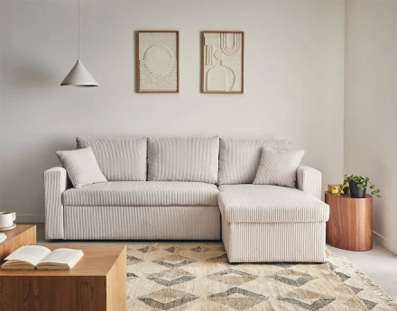 Canapé d'angle réversible 4 places convertible avec coffre en velours côtelé Cyrus