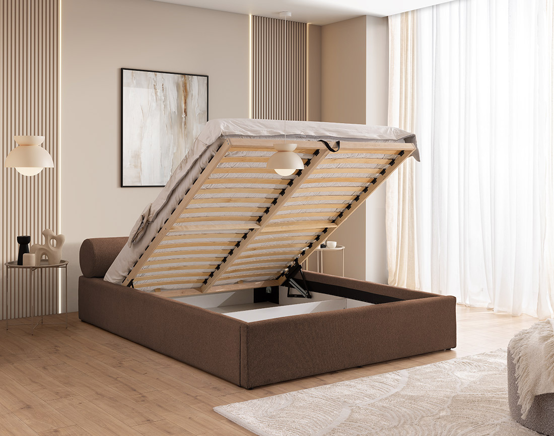 Lit coffre 140x190 cm en tissu texturé sommier inclus Billy