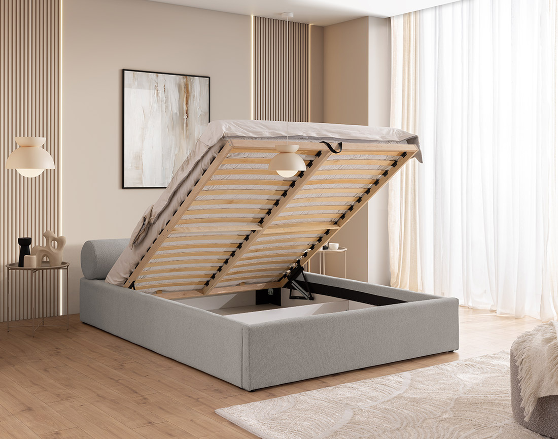 Lit coffre 140x190 cm en tissu texturé sommier inclus Billy