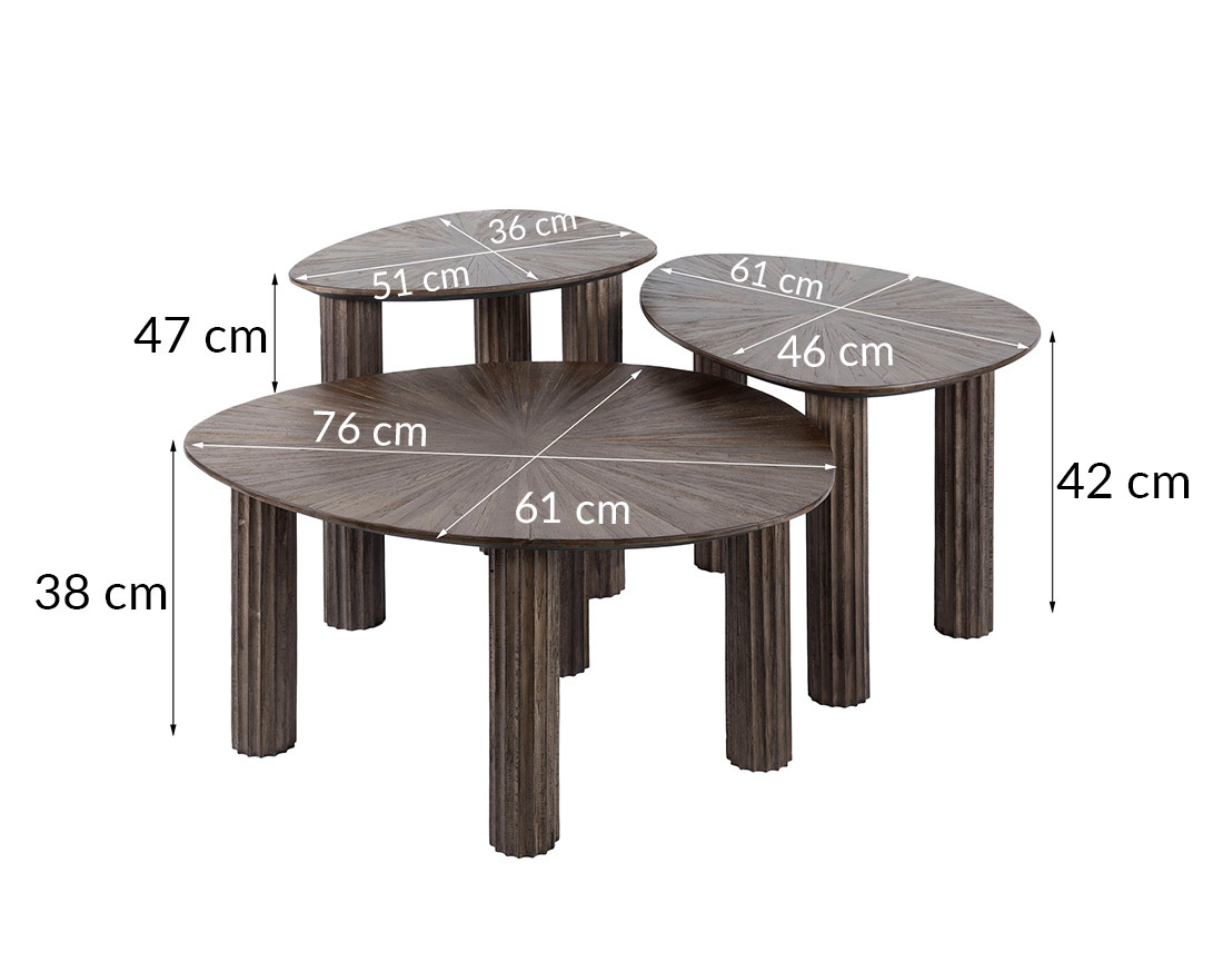 Lot de 3 tables basses gigognes en teck massif 76, 61 et 51 cm Tania