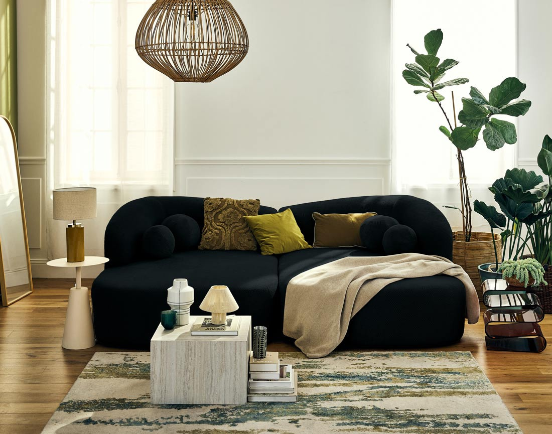 Canapé droit 4 places avec double méridienne en velours texturé Charles