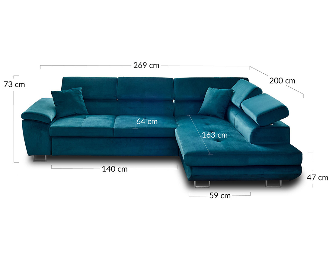 Canapé d'angle droit 5 places convertible avec coffre et têtières réglables en velours Dimas